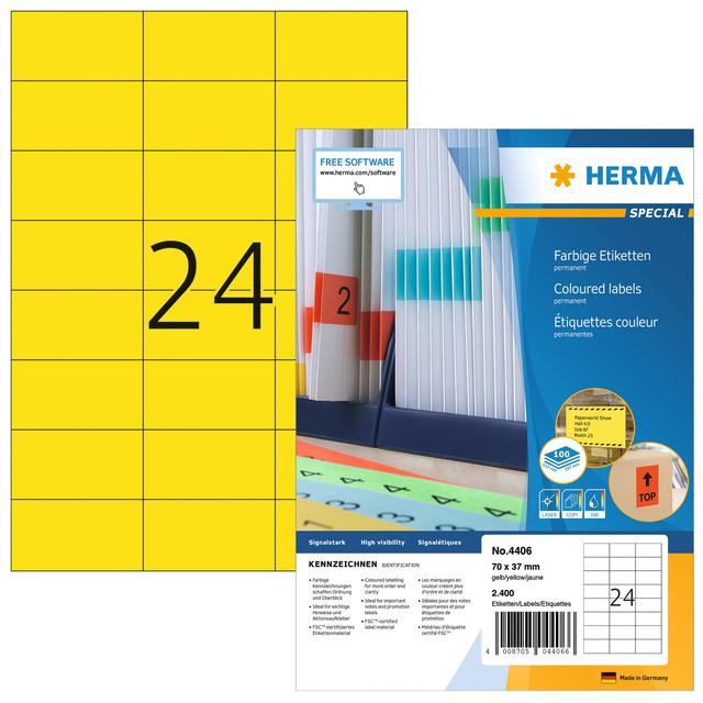 Etiket HERMA 4406 70x37mm geel 2400 etiketten afbeelding
