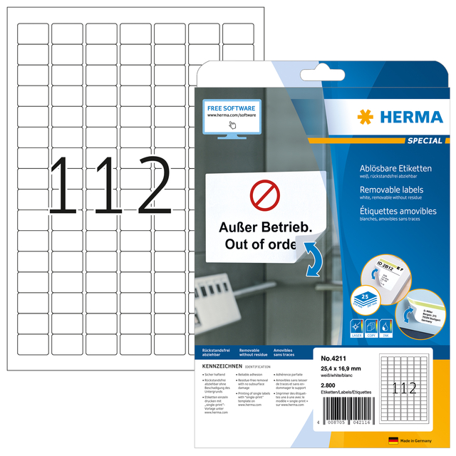 Etiket HERMA 4211 25.4x16.9mm verwijderbaar wit 2800 stuks