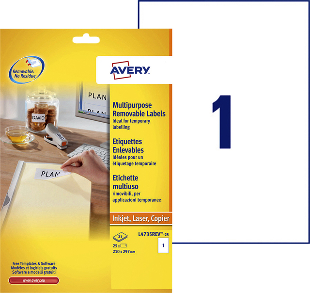 Etiket Avery L4735REV-25 210x297mm A4 afneembaar wit 25stuks afbeelding