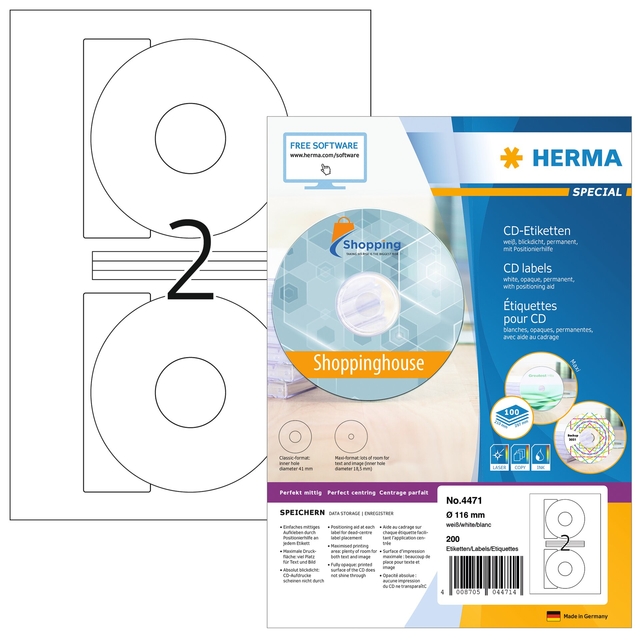 Etiket HERMA 4471 CD 116mm wit opaqua 200stuks afbeelding