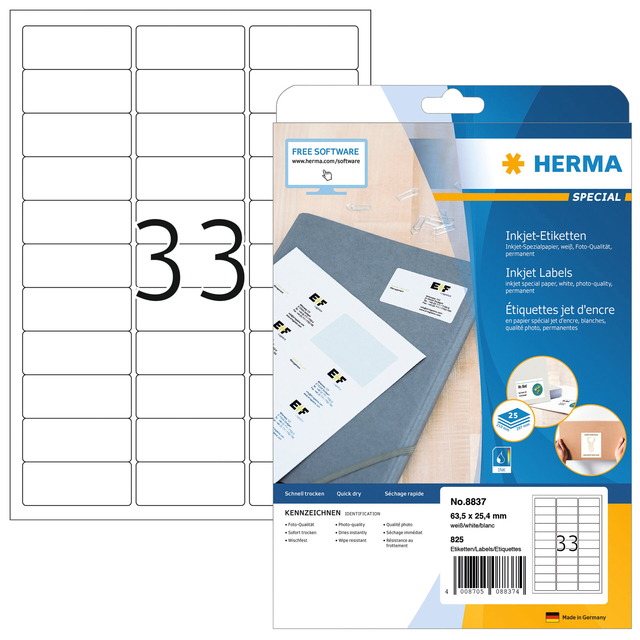 Etiket HERMA 8837 63.5x25.4mm mat wit 825 stuks