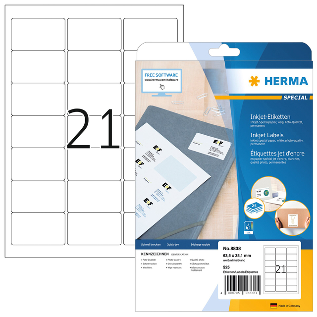 Etiket HERMA 8838 63.5x38.1mm mat wit 525stuks afbeelding