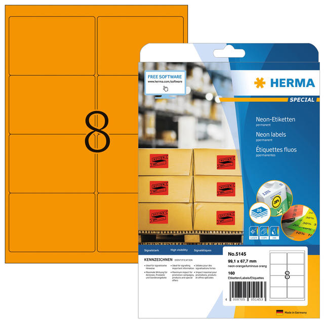 Etiket HERMA 5145 99.1x67.7mm fluor oranje 160stuks afbeelding