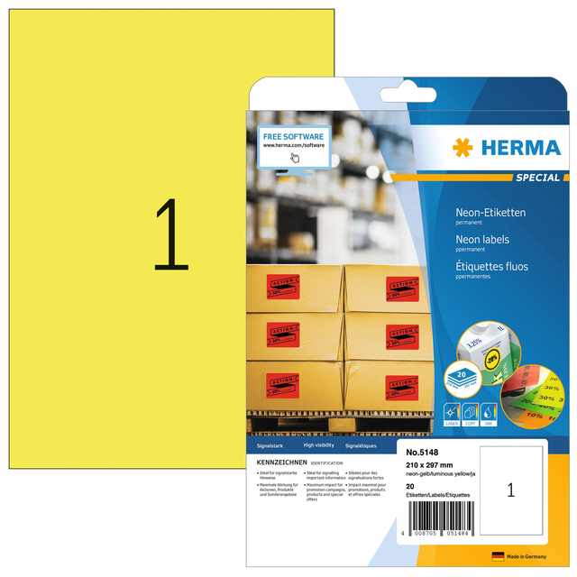 Etiket HERMA 5148 210x297mm A4 fluor geel 20stuks afbeelding