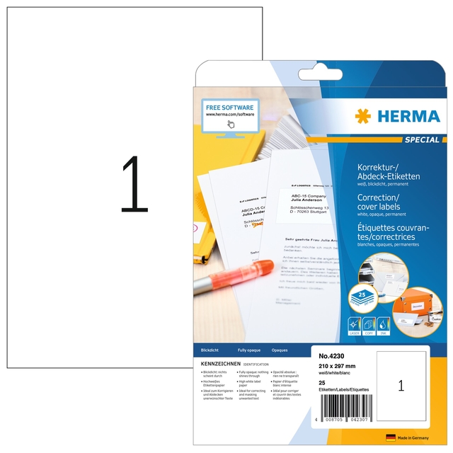 Etiket HERMA 4230 210x297mm A4 correctie wit 25stuks afbeelding