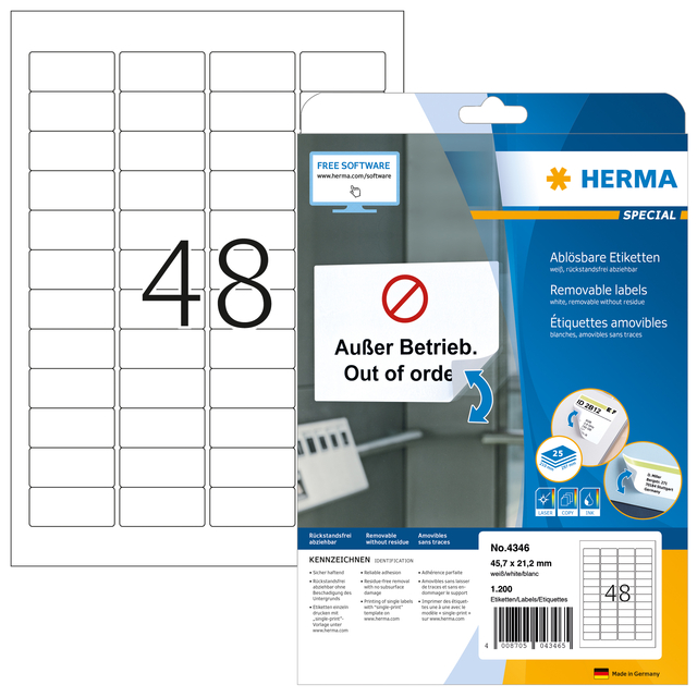 Etiket HERMA 4346 45.7x21.2mm verwijderbaar wit 1200 stuks