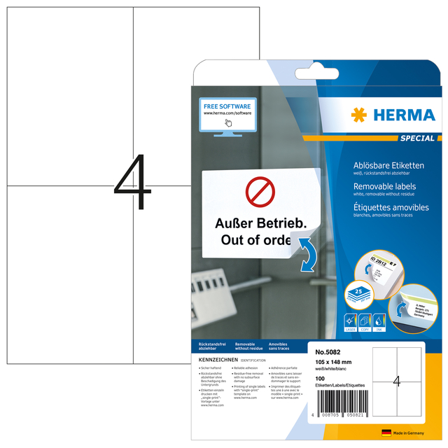 Etiket HERMA 5082 105x148mm A6 verwijderbaar wit 100 etiketten afbeelding