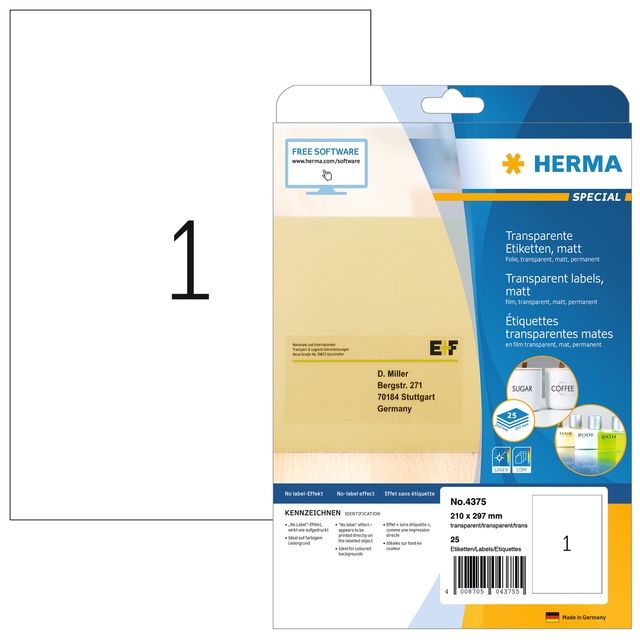 Etiket HERMA 4375 210x297mm A4 transparant 25stuks afbeelding