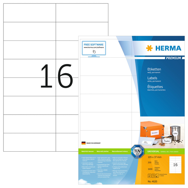 Etiket HERMA 4620 105x37mm premium wit 3200 stuks