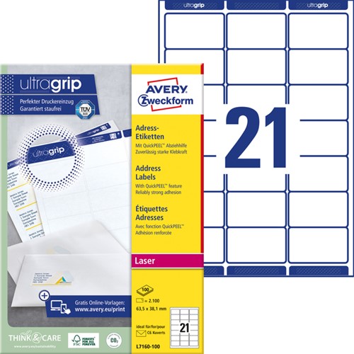 Etiket Avery L7160-100 63.5x38.1mm wit 2100 stuks-2