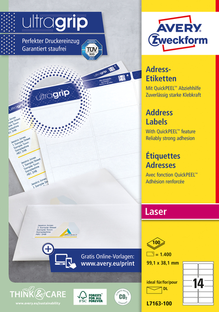 Etiket Avery L7163 99.1x38.1mm wit 1400 etiketten afbeelding