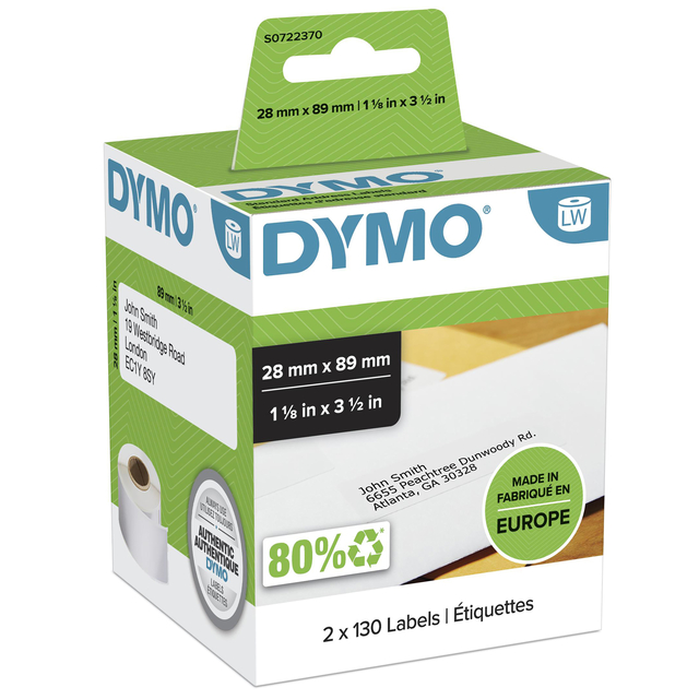 Etiket Dymo LabelWriter adressering 28x89mm 2 rollen á 130 stuks wit afbeelding