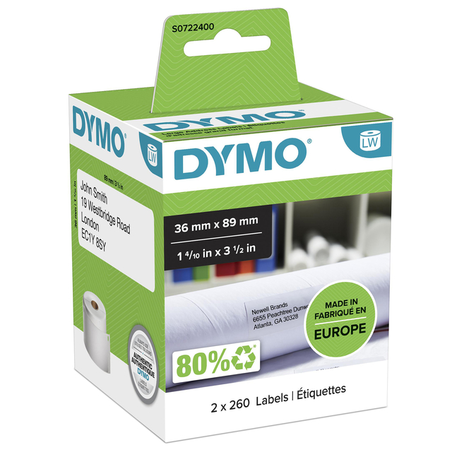 Etiket Dymo LabelWriter adressering 36x89mm 2 rollen á 260 stuks wit afbeelding