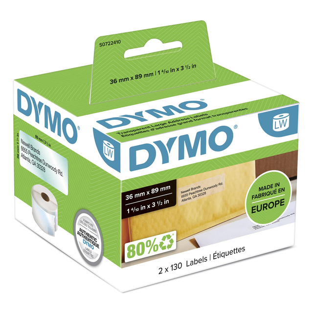 Etiket Dymo LabelWriter adressering 36x89mm 2 rollen á 130 stuks transparant afbeelding