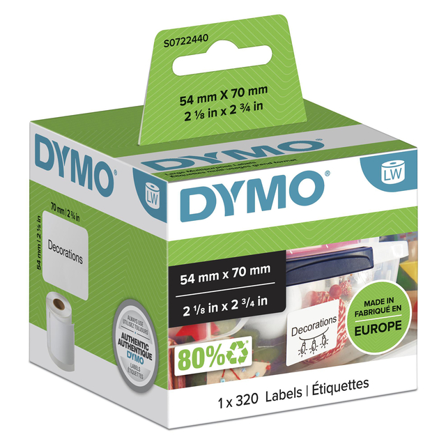 Etiket Dymo LabelWriter multifunctioneel 54x70mm 1 rol á 320 stuks wit afbeelding