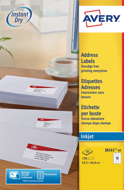 Etiket Avery J8161-40 63.5x46.6m wit 720 etiketten afbeelding