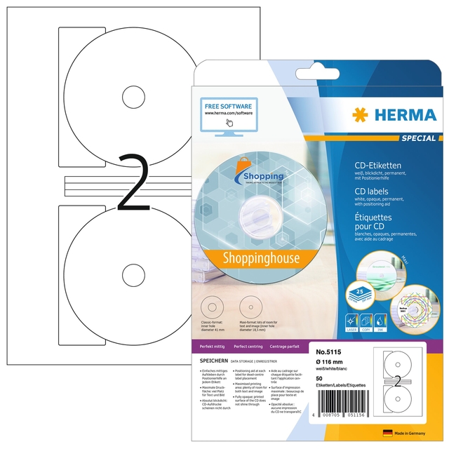 Etiket HERMA 5115 CD 116mm wit 50 stuks afbeelding