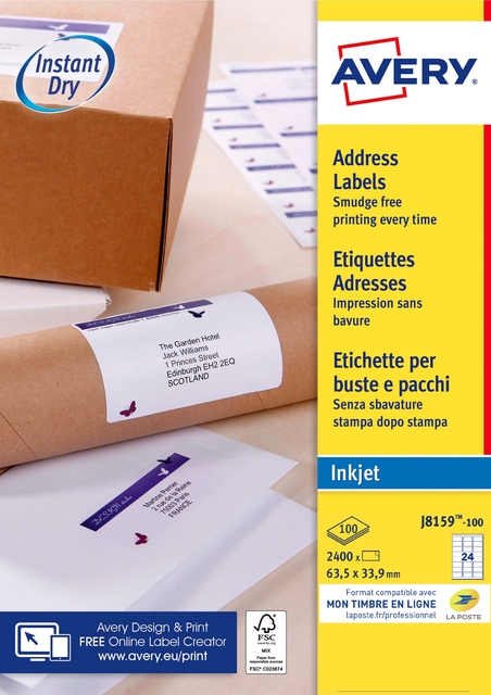 Etiket Avery J8159-100 63.5x33.9mm wit 2400 stuks