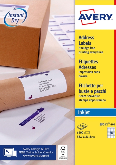 Etiket Avery J8651-100 38.1x21.2mm wit 6500 stuks