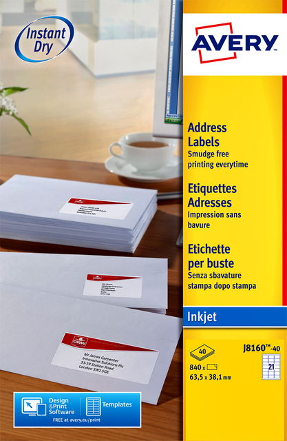 Etiket Avery J8160-40 63.5x38.1mm wit 840 etiketten afbeelding