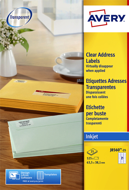 Etiket Avery J8560-25 63.5x38.1mm transparant 525stuks afbeelding
