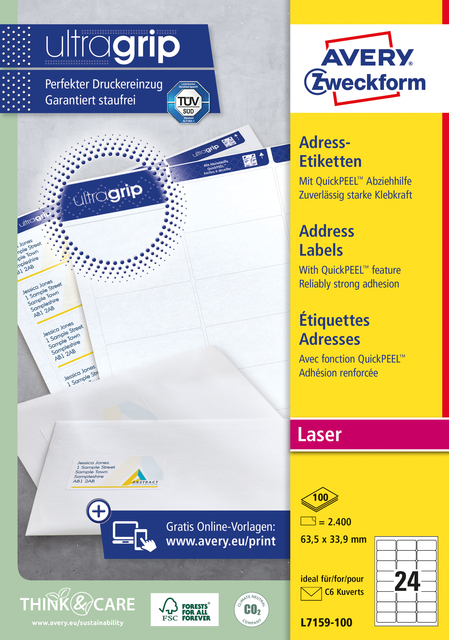 Etiket Avery L7159-100 63.5x33.9mm wit 2400stuks afbeelding