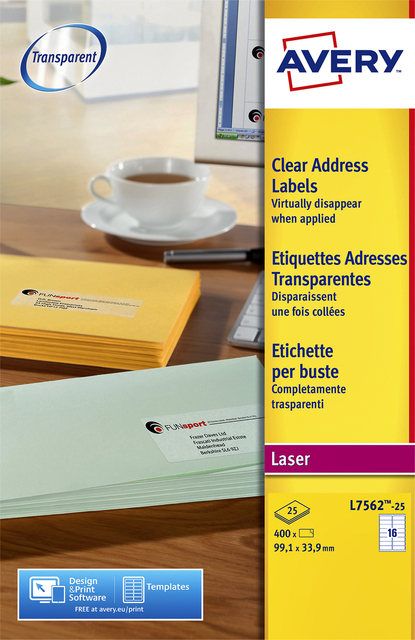 Etiket Avery L7562-25 99.1x33.9mm transparant 400 stuks