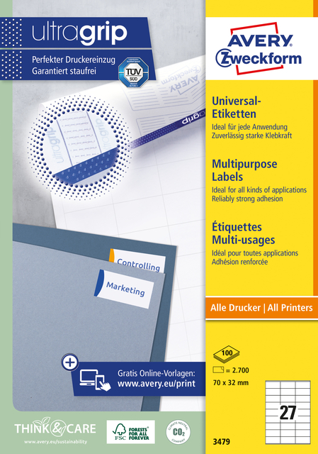 Etiket Avery 3479 70x32mm wit 2700 stuks
