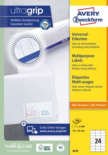 Etiket Avery Zweckform 3475 70x36mm wit 2400stuks