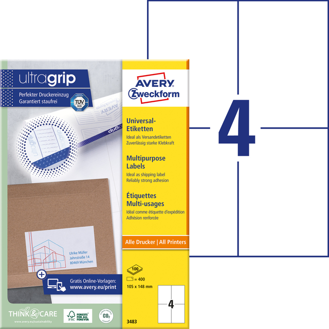 Etiket Avery 3483 105x148mm A6 wit 400 stuks — Foto 2 van 2
