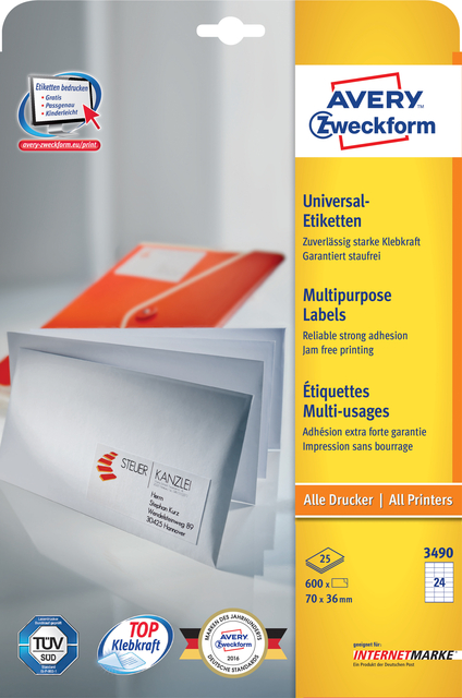 Etiket Avery Zweckform 3490 70x36mm wit 600stuks afbeelding