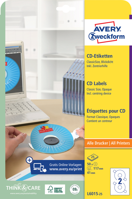 Etiket Avery Zweckform L6015-25 CD wit 50 etiketten afbeelding