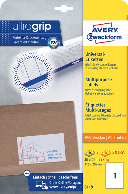 Etiket Avery Zweckform 6119 210x297mm A4 wit 25stuks afbeelding