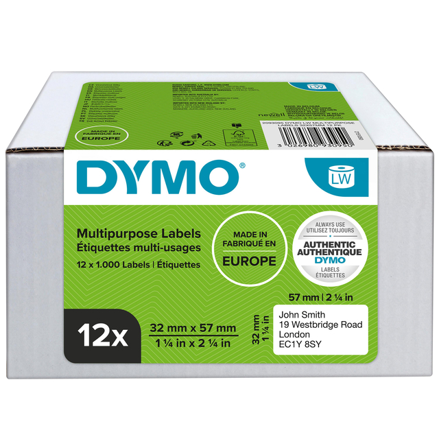 Etiket Dymo LabelWriter multifunctioneel 32x57mm 12 rollen á 1000 stuks wit afbeelding