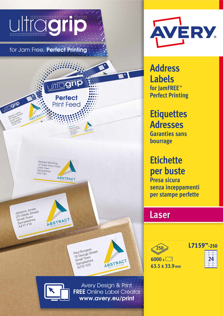 Etiket Avery L7159-250 63.5x33.9mm wit 6000 etiketten afbeelding