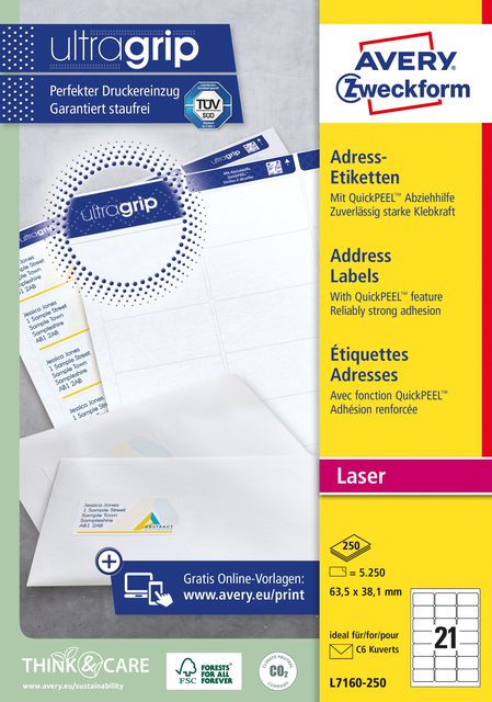 Etiket Avery L7160-250 63.5x38.1mm wit 5250 etiketten afbeelding
