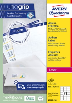 Etiket Avery L7160-250 63.5x38.1mm wit 5250 stuks