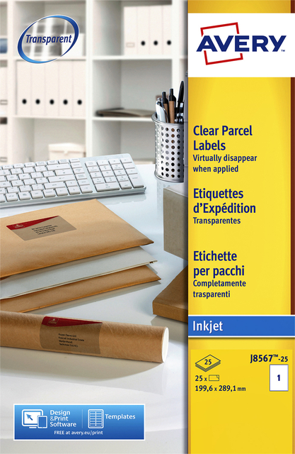 Etiket Avery J8567-25 210x297mm A4 transparant 25 etiketten afbeelding