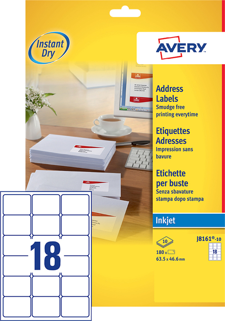 Etiket Avery J8161-10 63.5x46.6mm wit 180 stuks