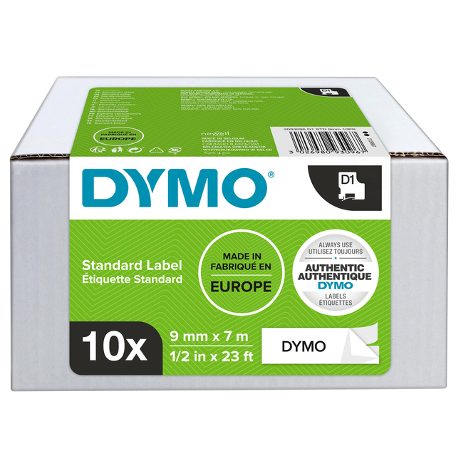 Labeltape Dymo LabelManager D1 polyester 9mm zwart op wit 10 stuks afbeelding
