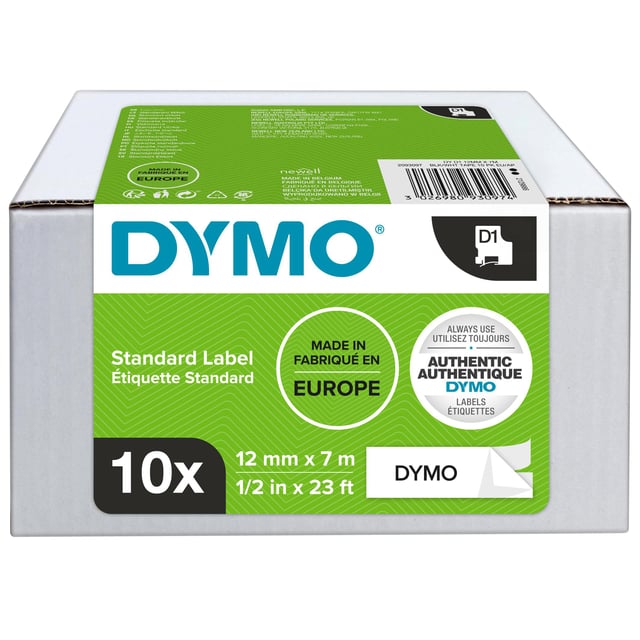 Labeltape Dymo LabelManager D1 polyester 12mm zwart op wit 10 stuks afbeelding