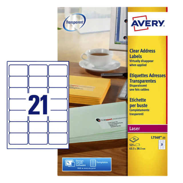 Etiket Avery L7560-25 63.5x38.1mm transparant 525stuks afbeelding