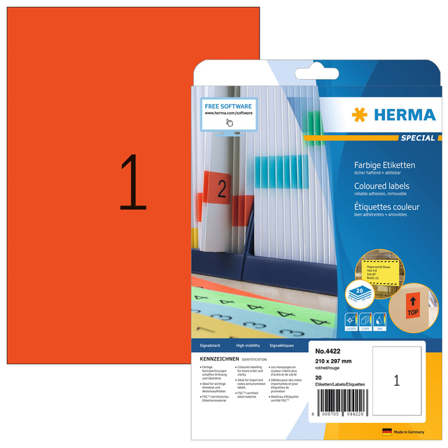 Etiket HERMA 4422 210x297mm A4 verwijderbaar rood 20stuks afbeelding