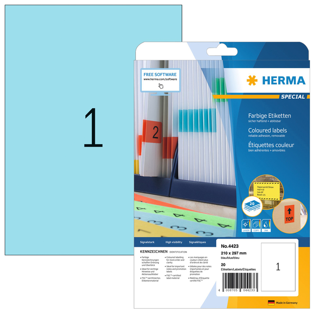 Etiket HERMA 4423 210x297mm A4 verwijderbaar blauw 20stuks afbeelding