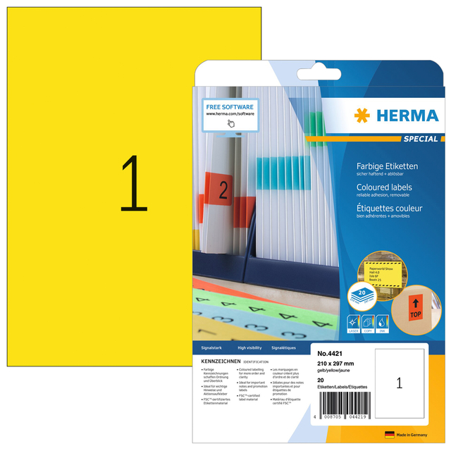 Etiket HERMA 4421 210x297mm verwijderbaar A4 geel 20stuks afbeelding