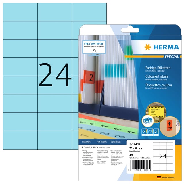 Etiket HERMA 4468 70x37mm verwijderbaar blauw 480stuks afbeelding