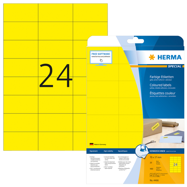 Etiket HERMA 4466 70x37mm verwijderbaar geel 480stuks afbeelding
