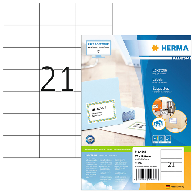 Etiket HERMA 4668 70x42.3mm premium wit 2100 stuks