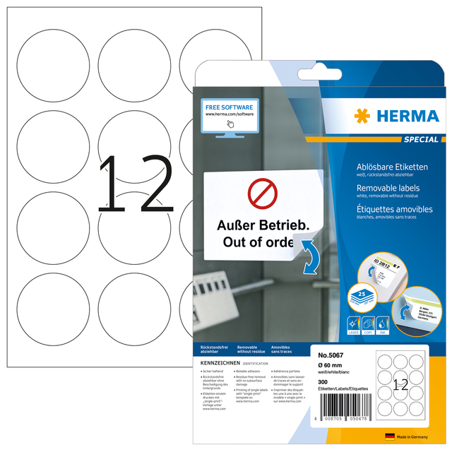 Etiket HERMA 5067 60mm verwijderbaar wit 300 stuks