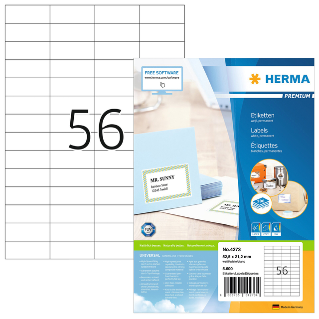 Etiket HERMA 4273 52.5x21.2mm premium wit 5600stuks afbeelding